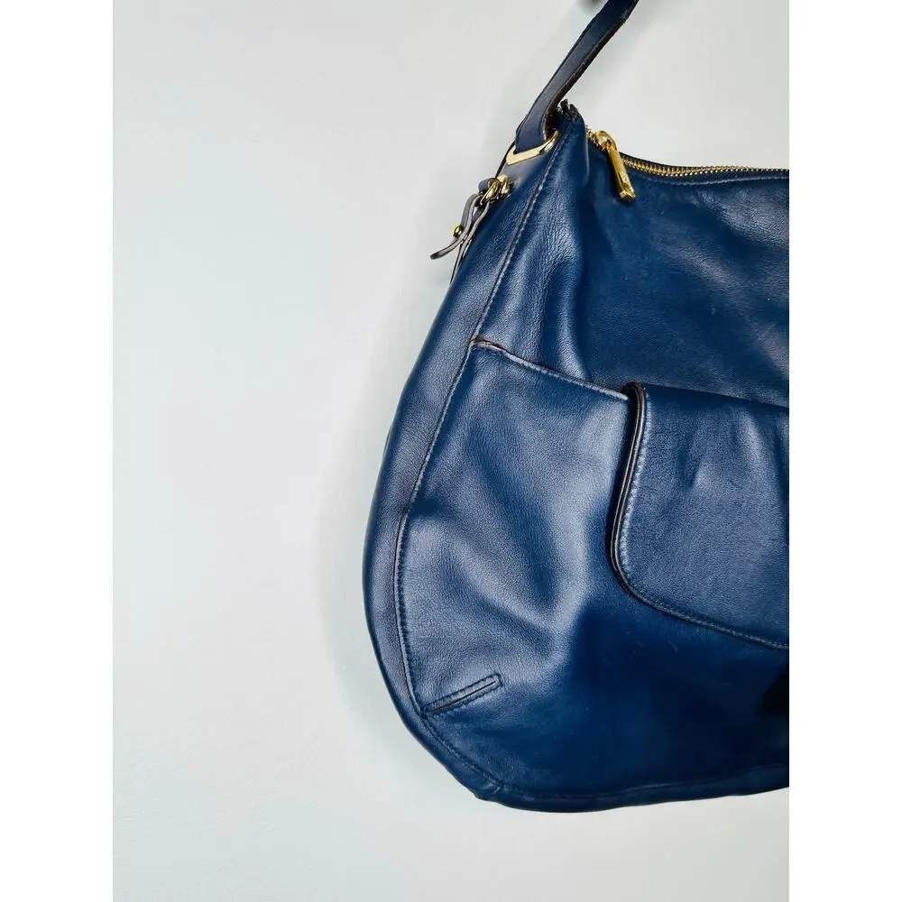 LAUREN RALPH LAUREN Navy Blue Front Pocket Leather Hobo Bag Purse - Picture 12 of 13